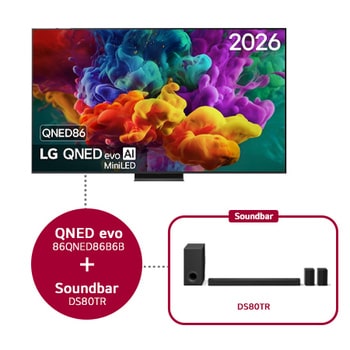 Het vooraanzicht van de LG QNED evo AI QNED86 Mini LED, uitgebracht in 2026, vult het scherm met levendige, vloeiende uitbarstingen van veelkleurige, verfachtige bewegingen, terwijl dichte wolken van kleur naadloos over het scherm versmelten.
